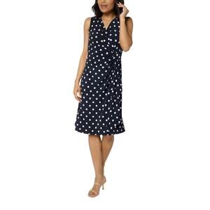 Susan Graver Womens Liquid Knit Faux Wrap Cascade Dress Size XSP Navy Polka Dot